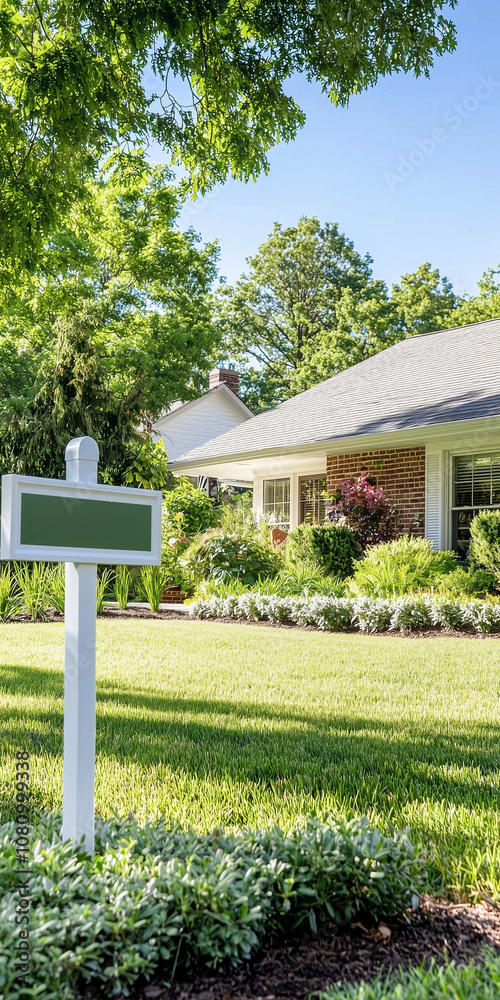 Charming House for Sale With a Well-Manicured Lawn Under a Clear Blue Sky, Inviting Potential Buyers to Explore Their Dream Home