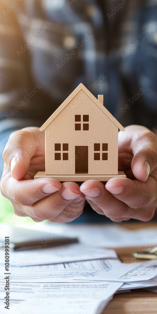 Hands Holding a Miniature House Model Above a Table Cluttered With Real Estate Documents in a Professional Setting