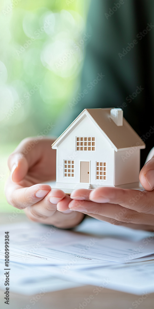 Hands Delicately Hold a Miniature House Above a Table Filled With Real Estate Documents, Reflecting the Journey of Home Buying and Selling