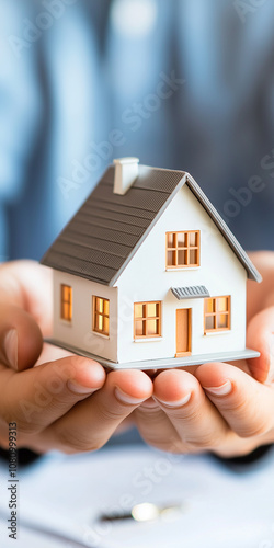 Obraz na płótnie Holding a Miniature House Model Above Real Estate Documents, Representing the Excitement of Home Buying and Selling Decisions w salonie