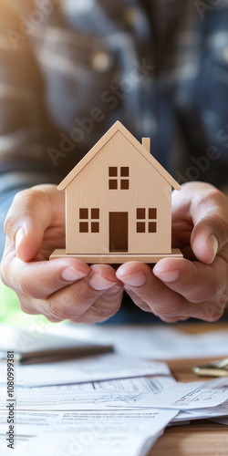 Obraz na płótnie Hands Holding a Miniature House Model Above a Table Cluttered With Real Estate Documents in a Professional Setting w salonie