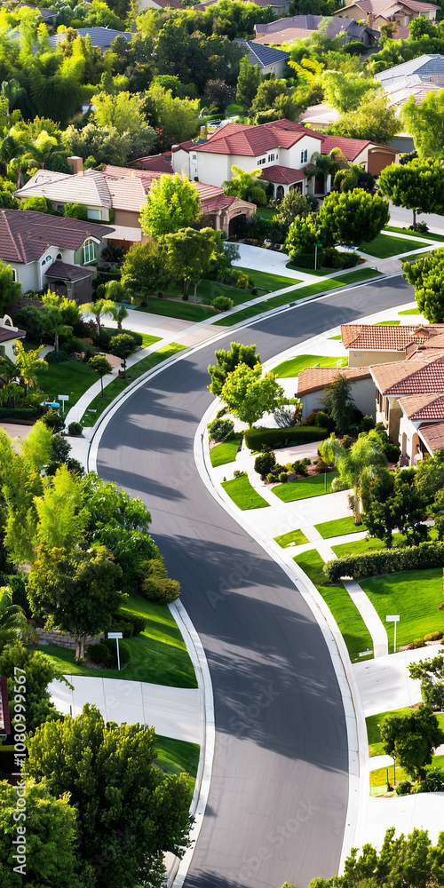 Sunny Aerial View of a Diverse Suburban Neighborhood Featuring Multiple For Sale Signs and Vibrant Greenery