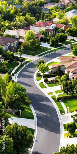 Obraz na płótnie Sunny Aerial View of a Diverse Suburban Neighborhood Featuring Multiple For Sale Signs and Vibrant Greenery w salonie