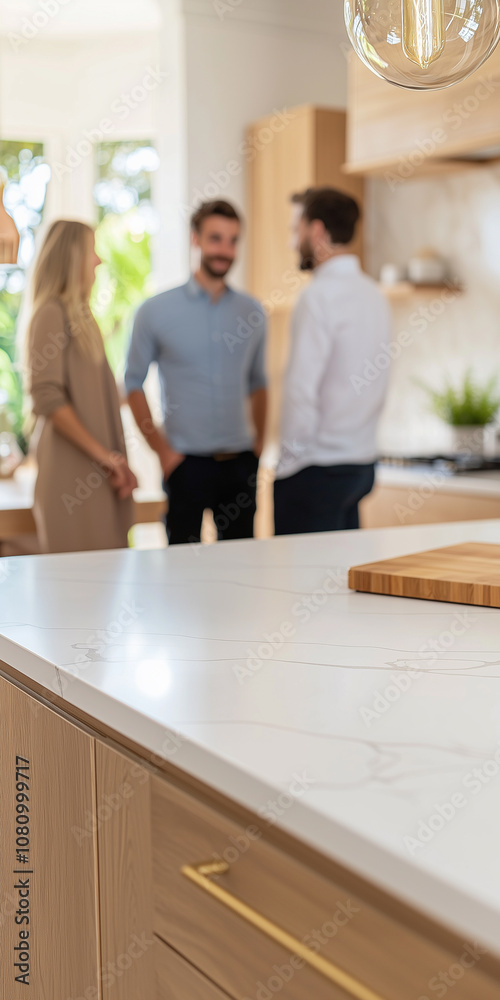 Couple Exploring the Stylish Kitchen of a Newly Renovated House With a Real Estate Agent During Their Property Viewing