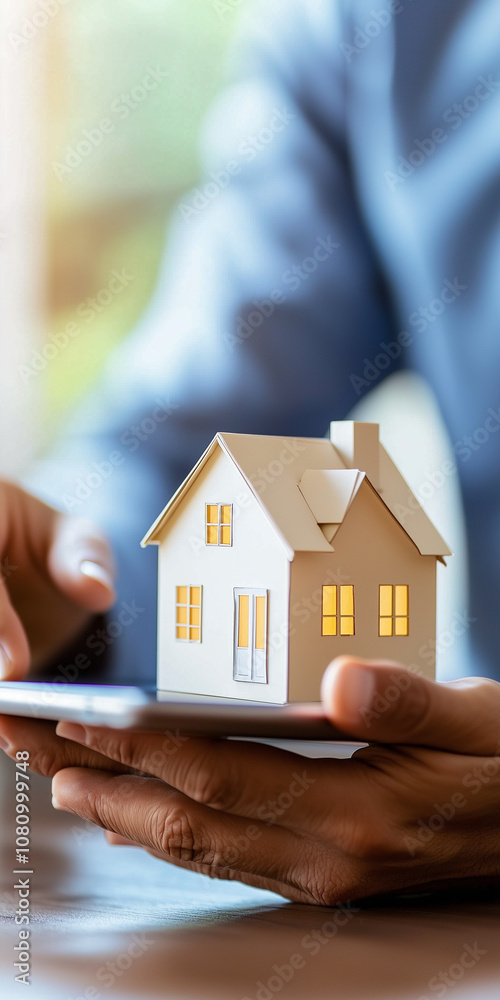 Real Estate Advisor Showcasing a House Model on a Tablet During a Virtual Tour for Potential Buyers in a Modern Office Setting
