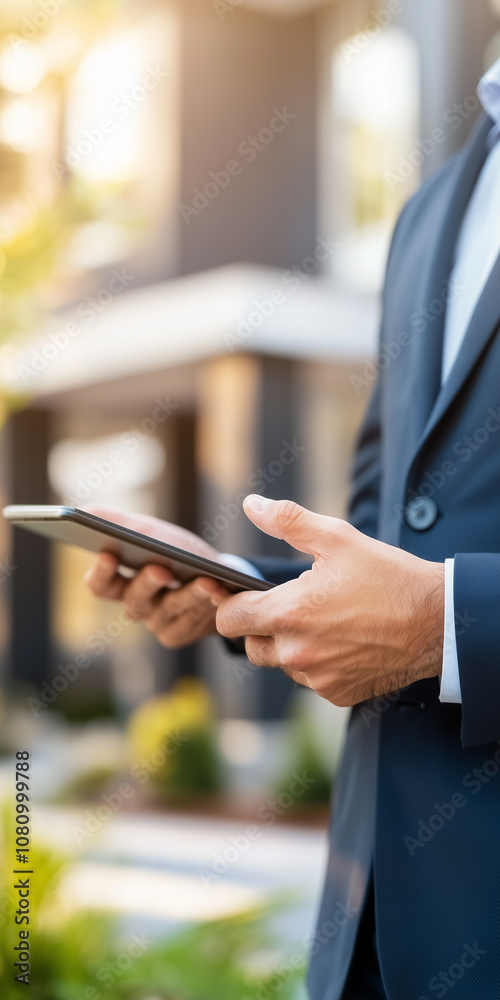 Real Estate Advisor Showcasing a Property Through a Tablet in a Modern Setting to Engaged Homebuyers in a Virtual Environment