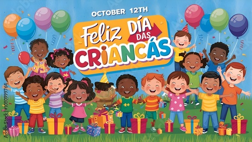 Happy Crianças Day. December 12th. Dia da criança. Crianças. Baby. Dia dos pequenos. Criançada. Dia feliz. Dia das crianças letreiro. The day of the colored children.