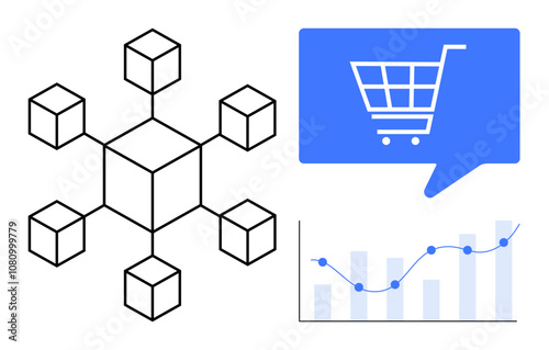 Blockchain network structure with connected cubes alongside blue chat bubble containing shopping cart icon and growth graph chart. Ideal for e-commerce, blockchain, data analytics, financial reports