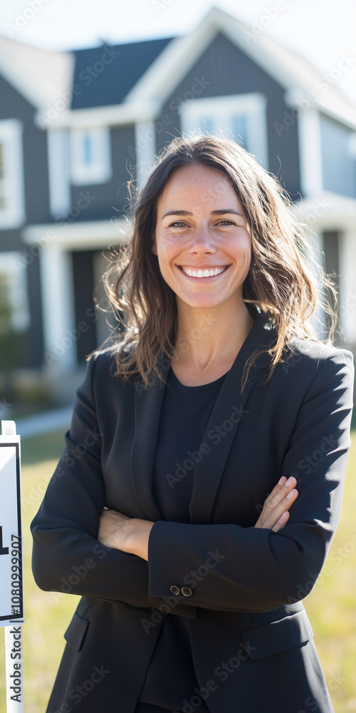 Smiling Real Estate Agent Celebrates a Successful Sale Beside a Sold Sign in Front of a Charming Home on a Sunny Day
