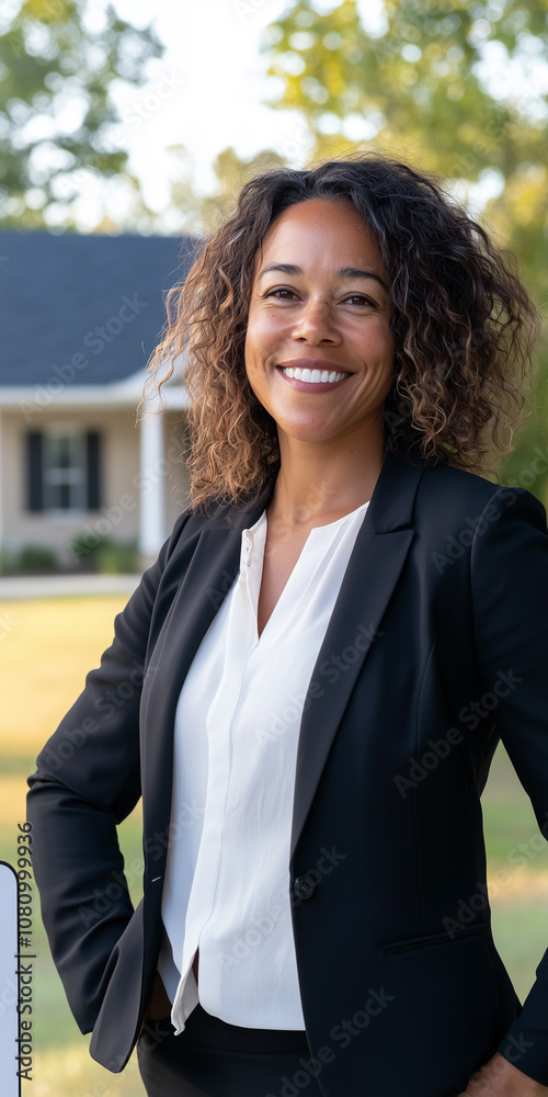 Confident Real Estate Agent Celebrates Successful Home Sale Beside Sold Sign in Front of Beautiful House Setting