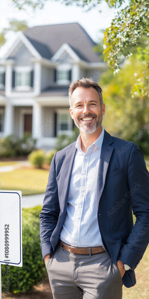 Confident Real Estate Agent Celebrates Successful Home Sale Beside Sold Sign in a Charming Neighborhood