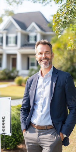 Confident Real Estate Agent Celebrates Successful Home Sale Beside Sold Sign in a Charming Neighborhood