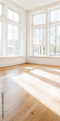 Obraz na płótnie Bright and Airy Empty Apartment for Sale, Showcasing Modern Design and Clean Lines in a Sunlit Space With Large Windows w salonie