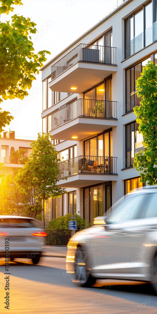 Modern Apartment Building With For Sale Signs in a Busy Urban Landscape at Sunset, Showcasing Contemporary Architecture and Lively Street Activity