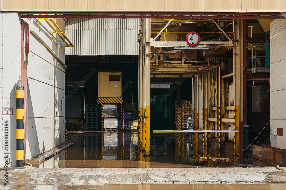 A detailed photo capturing an industrial facility submerged in water after a significant flood. The image highlights the extent of the flooding and its impact on the factory's operations and equipment A detailed photo capturing an industrial facility submerged in water after a significant flood. The image highlights the extent of the flooding and its impact on the factory's operations and equipment
