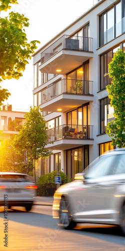 Obraz na płótnie Modern Apartment Building With For Sale Signs in a Busy Urban Landscape at Sunset, Showcasing Contemporary Architecture and Lively Street Activity w salonie