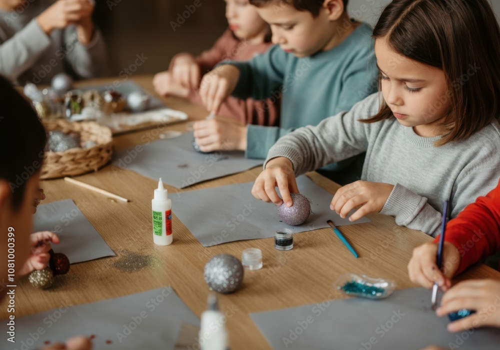 Naklejka premium Kids decorating christmas balls using glitter and glue at school