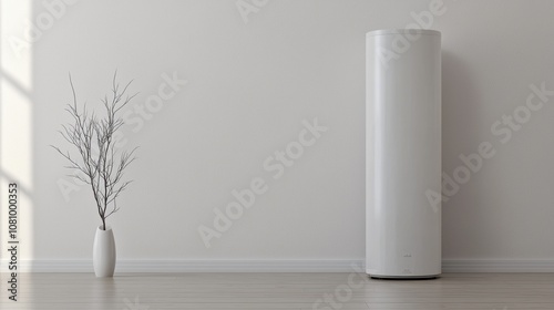 Grey-toned utility space featuring a cylindrical water heater, symbolizing energy efficiency and contemporary home solutions