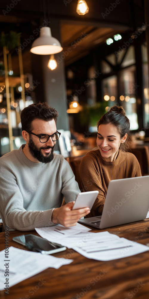 A Couple Enjoys a Relaxed Meeting at a Stylish Coffee Shop While Reviewing Real Estate Paperwork and Discussing Their Future Plans