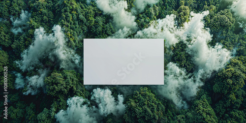 Horizontal blank poster mockup set in a lush green forest environment with atmospheric mist and smoke, blending eco-friendly aesthetics and abstract creativity photo