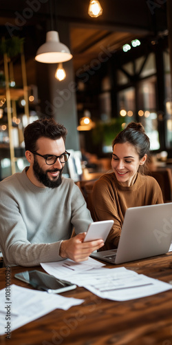 Obraz na płótnie A Couple Enjoys a Relaxed Meeting at a Stylish Coffee Shop While Reviewing Real Estate Paperwork and Discussing Their Future Plans w salonie