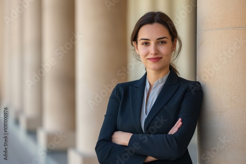 A poised female lawyer stands among courtroom columns, exuding authority and elegance that reflect her determination, success, and valuable contributions to her community and profession