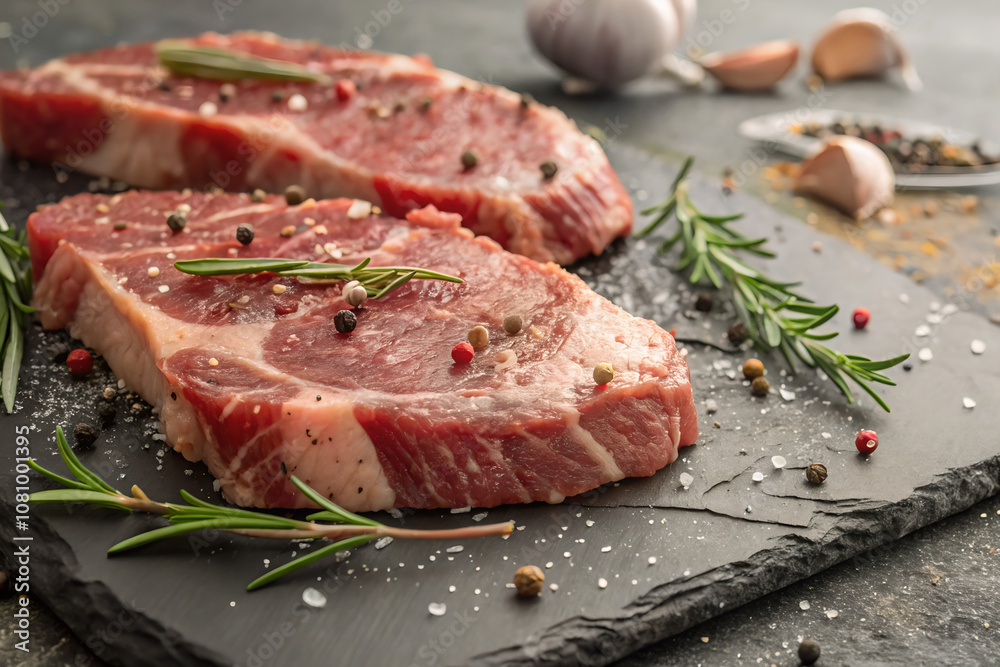 marinated raw pork steaks on stone background marinated raw pork steaks on stone background