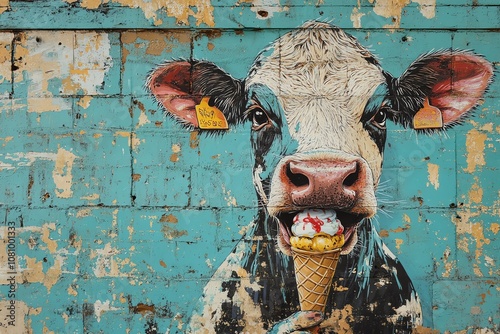 A colorful mural of a cow eating ice cream on a weathered brick wall.