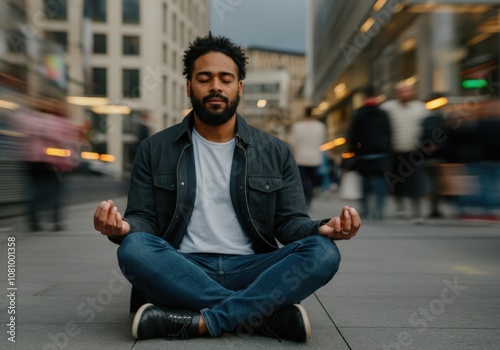 Serene young man practicing mindfulness meditation in a bustling urban environment, finding peace amidst the city's chaos photo