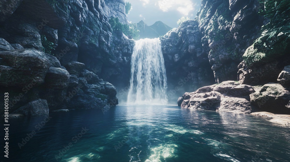 Fototapeta premium Tranquil Waterfall in a Lush Forest