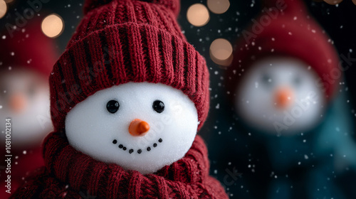 Snowmen wearing warm hats and scarves celebrate winter with festive cheer during a snowfall