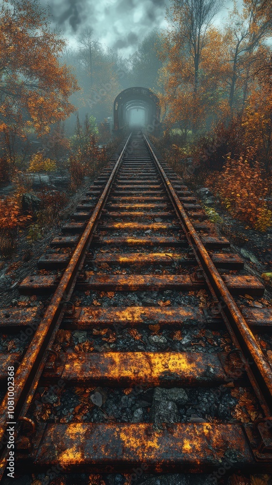 Obraz premium Rusty Railway Tracks Through a Misty Autumn Forest
