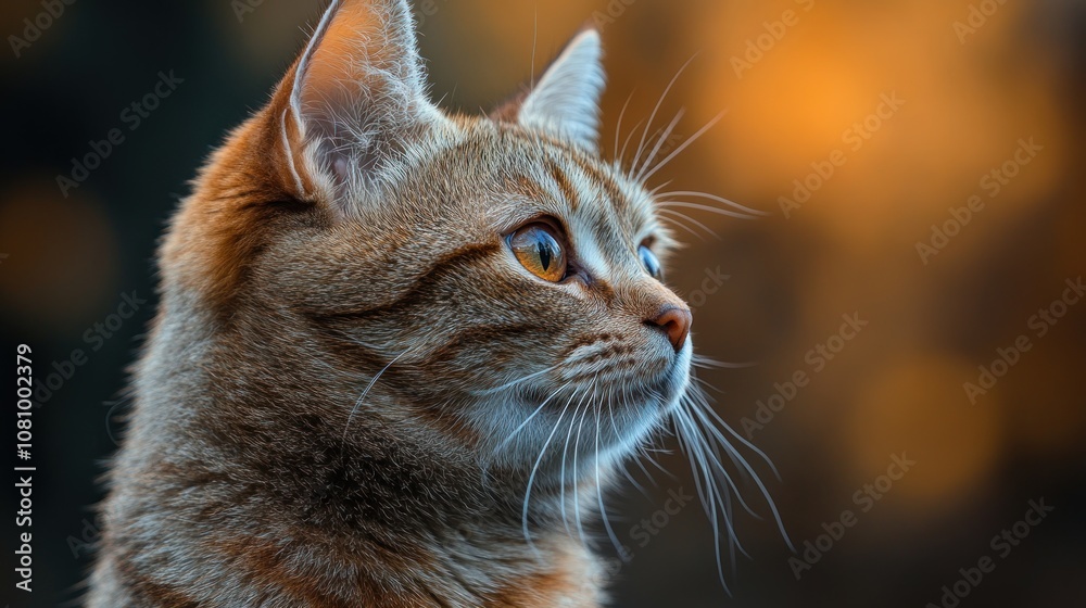 Obraz premium A close-up portrait of a tabby cat with golden eyes looking intently to the right, set against a blurry background of warm colors.