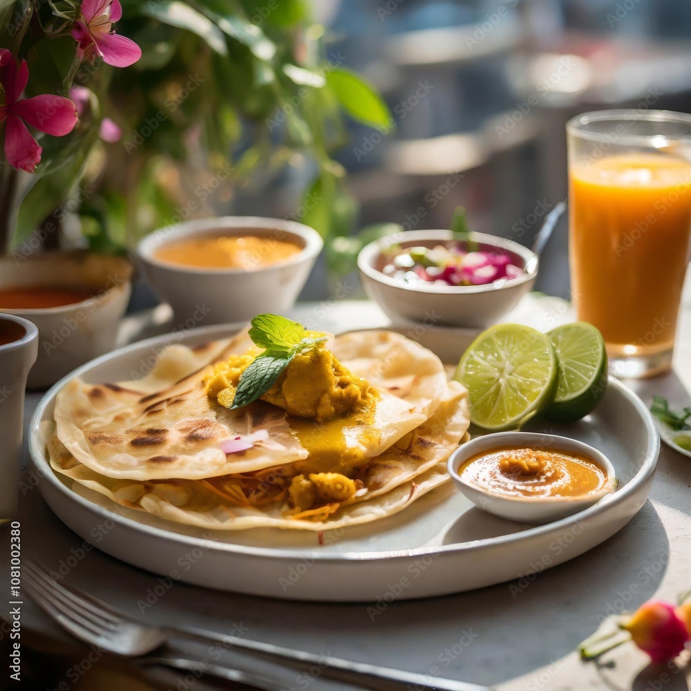 A Vibrant Spread of Fresh Roti Canai with Curry, Paired with Freshly Squeezed Juice and Garnishes, Captured in Soft Natural Light on a Minimalist Table Setting A Vibrant Spread of Fresh Roti Canai with Curry, Paired with Freshly Squeezed Juice and Garnishes, Captured in Soft Natural Light on a Minimalist Table Setting
