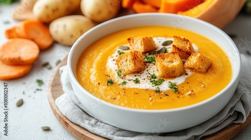 Warm pumpkin cream soup with toasted bread and pumpkin seeds displayed on a rustic table with fresh vegetables