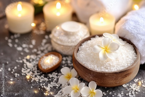 Tranquil spa setting with candles, flowers, bath salts