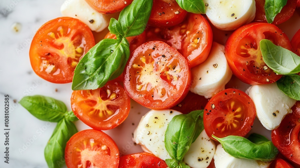 Fresh tomatoes, basil, and mozzarella arranged beautifully on a white background for a vibrant top-view culinary display Fresh tomatoes, basil, and mozzarella arranged beautifully on a white background for a vibrant top-view culinary display