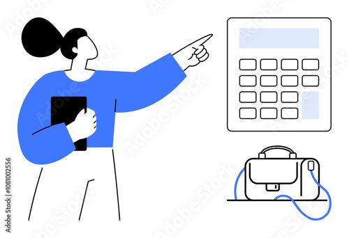 Woman pointing at calculator screen while holding notebook, laptop bag on desk. Ideal for business planning, financial analysis, office work, technology integration, project management, professional