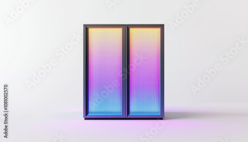 a professional render of a network server rack with bright purple and blue lighting effects, showcasing modern connectivity, isolated on white background