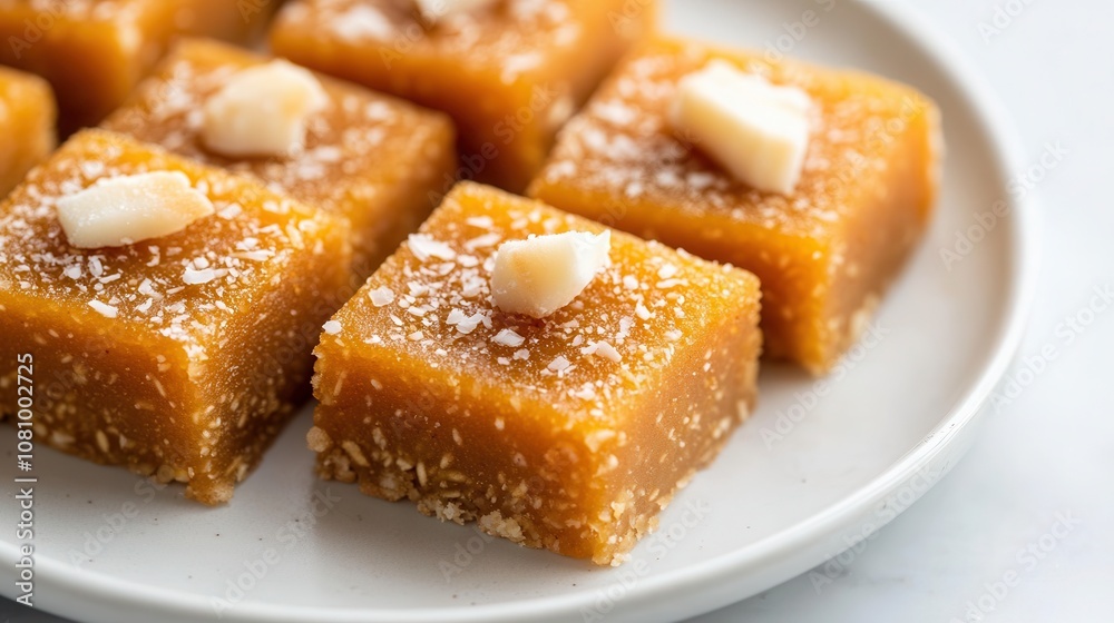 Delicious carrot halwa coconut burfi served on a clean white marble kitchen surface with elegant presentation Delicious carrot halwa coconut burfi served on a clean white marble kitchen surface with elegant presentation