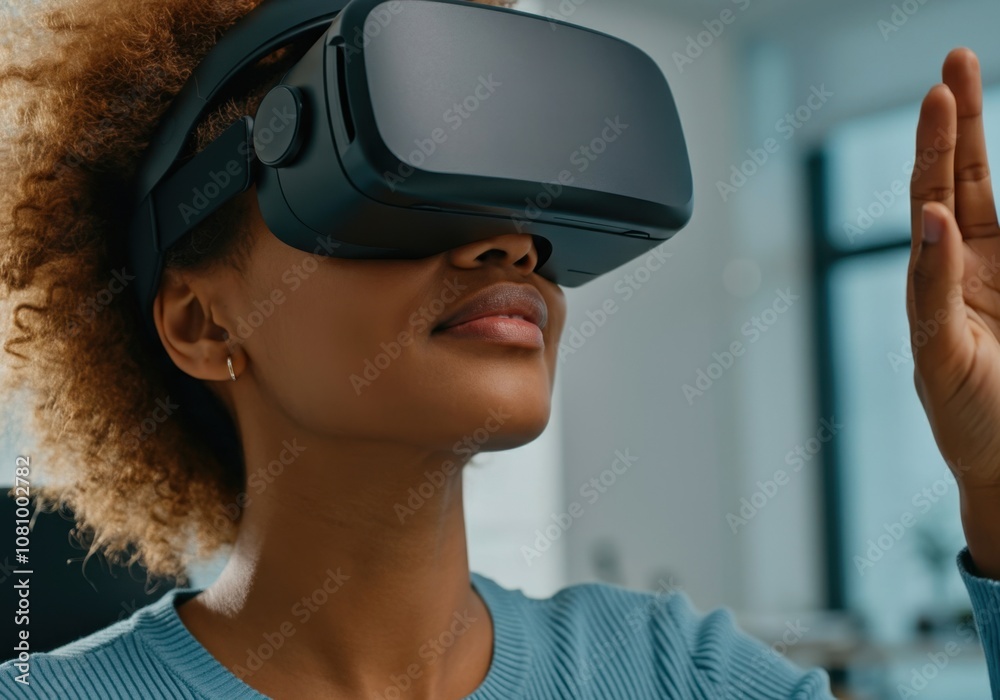 Woman software developer using vr headset and interacting with virtual environment Woman software developer using vr headset and interacting with virtual environment