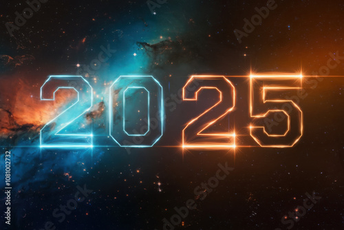 Design for the new year 2025 in futuristic neon lights with a cosmic background in the form of pulsating stars