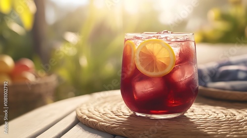  A glass of iced hibiscus tea with lemon slices, in a sunny outdoor picnic setting photo