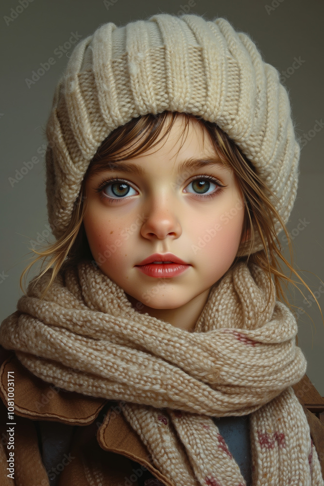 A little girl wearing a knitted hat and scarf A little girl wearing a knitted hat and scarf