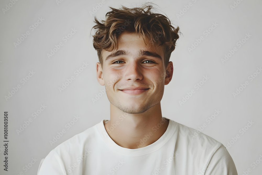 Smiling young man in casual attire on a white background, great for social media or ads Smiling young man in casual attire on a white background, great for social media or ads