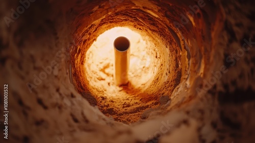 Close-up of an insulated pipeline in the ground, representing energy efficiency and safety in contemporary infrastructure projects photo