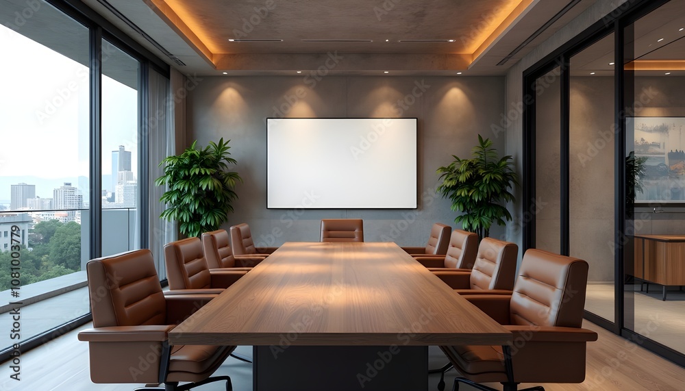 Fototapeta premium a state-of-the-art business conference board meeting room is depicted with crisp detail. The focal point is a sleek, rectangular wooden table, bordered by rows of elegant leather armchairs.