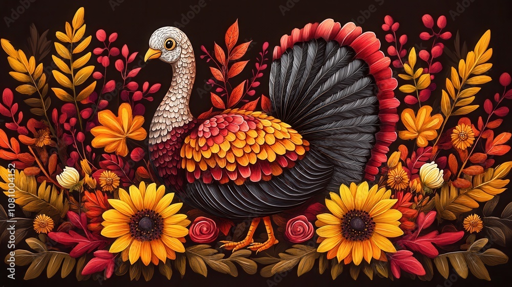Obraz premium A vibrant Thanksgiving turkey surrounded by colorful fall foliage and cheerful sunflowers on a rich brown background, perfect for holiday celebrations