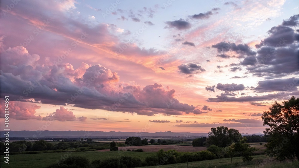 Gentle pastel colors dominate a cloudy sunset in the distance, outdoor scene, evening sky, cloud formations, gentle light, soft focus Gentle pastel colors dominate a cloudy sunset in the distance, outdoor scene, evening sky, cloud formations, gentle light, soft focus