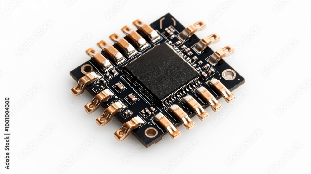 Close-up view of an electronic circuit board featuring a black microchip with multiple metallic connectors arranged symmetrically on a white background Close-up view of an electronic circuit board featuring a black microchip with multiple metallic connectors arranged symmetrically on a white background